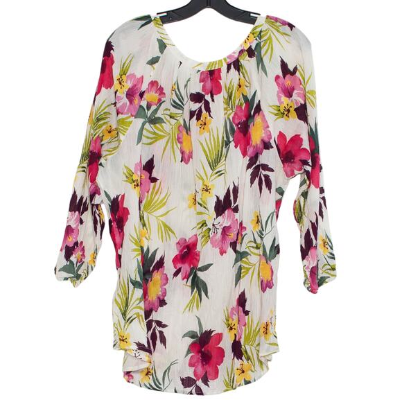 Chaps Top 3/4 Sleeve Floral Gauze Sheer Boho Cottage Beach Vacation Button XXL - Picture 2 of 6